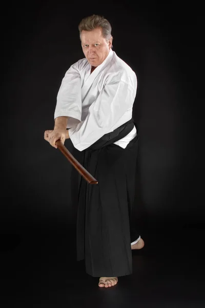 Porträtt Aikido Mästare Bär Traditionella Samuraj Hakama Kimono Lära Sig — Stockfoto