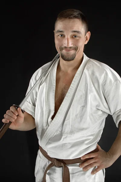 Portret Vechter Meester Draagt Traditionele Witte Kimono Met Stalen Samurai — Stockfoto