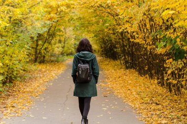 Sırt çantası ile yeşil bir pelerin kız sarı sonbahar parkta yürüyor. Uzun siyah saçlı, arkadan görünümü