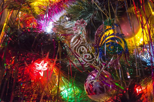 Christmas Toys Christmas Tree Luminous Festoon Closeup New Year Holiday — Stock Photo, Image