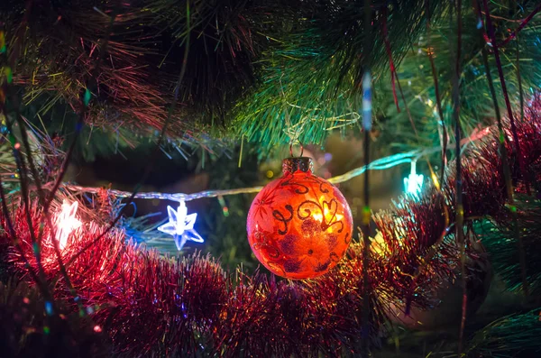 Christmas Toys Christmas Tree Luminous Festoon Closeup New Year Holiday — Stock Photo, Image