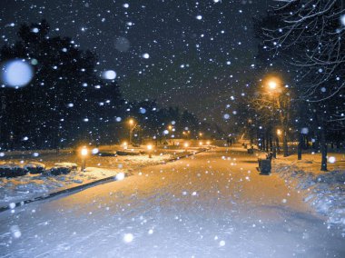 Winter park geceleri. Kar yağışı ve turuncu ışık fenerler