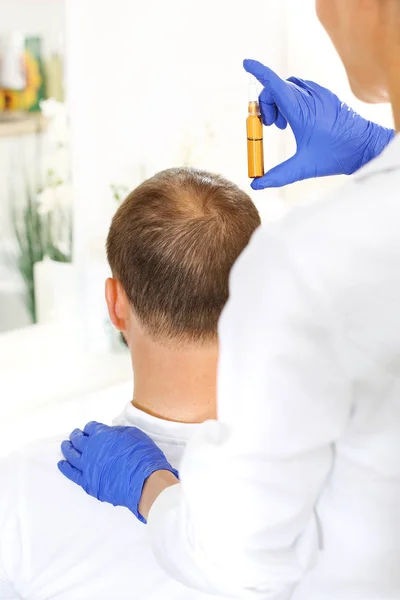 Ampoule Hair Growth Hairdresser Puts Preparation Man Hair — Stock Photo, Image