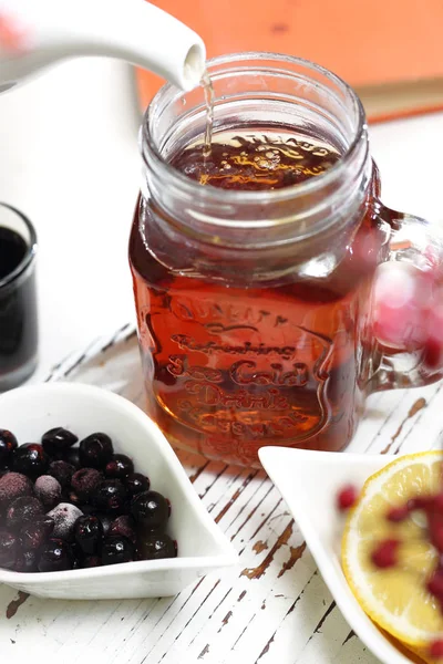 Autumnal Tea Black Tea Cherries Cherry Juice — Stock Photo, Image