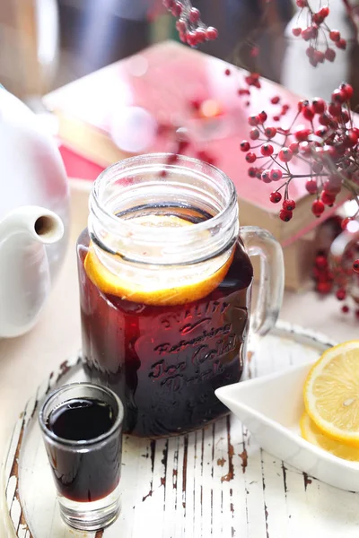Tea Rum Black Tea Cherries Cherry Juice — Stock Photo, Image