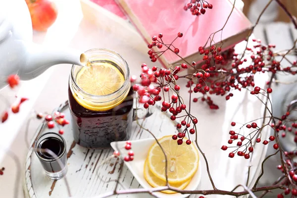 Winter Afternoon Tea Warming Tea Cherries — Stock Photo, Image
