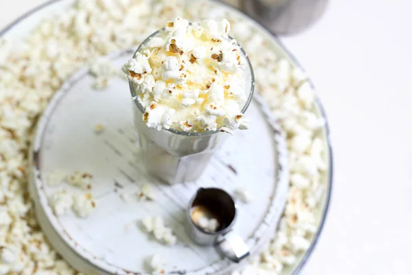 Cafe Latte Glass Coffee Milk Cream Addition Popcorn — Stock Photo, Image