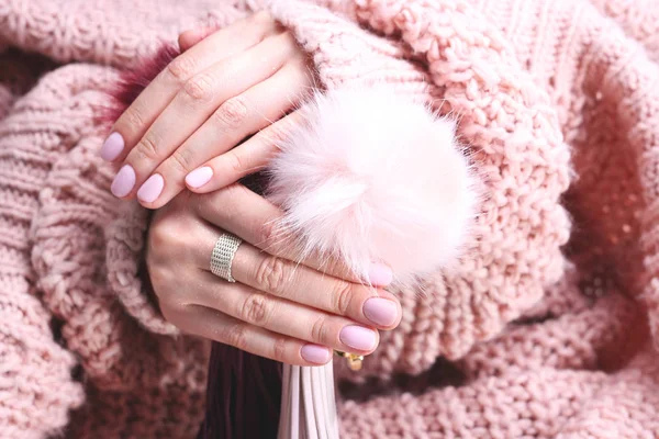 French Manicure Pink Nails Hands Painted Nails Color Powder Pink — Stock Photo, Image