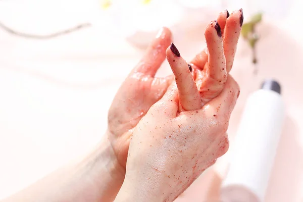 Home Care Treatments Woman Making Peeling Palm Her Hand — Stock Photo, Image