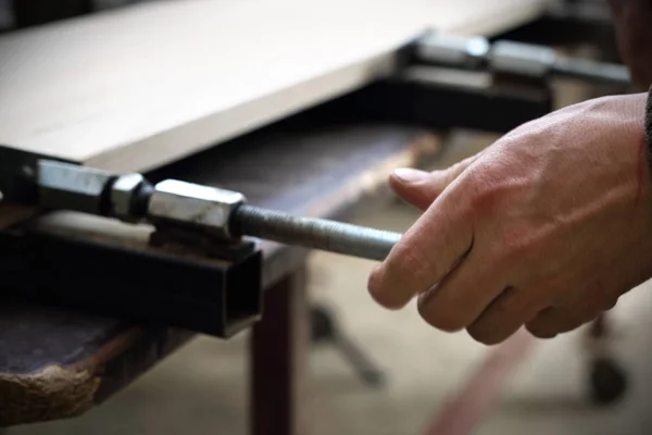 Carpenter Workshop Gluing Boards — Stock Photo, Image