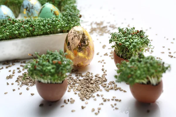 Composición de Pascua con huevos y cáscaras dorados y azules . — Foto de Stock