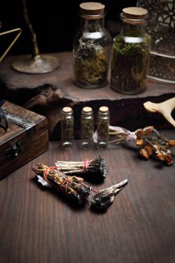 Divination and spells. Incense with white sage and cedar herbs. clipart