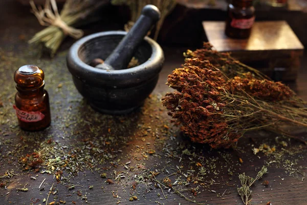 Herbologia e fitoterapia, preparando uma mistura de ervas em uma argamassa — Fotografia de Stock