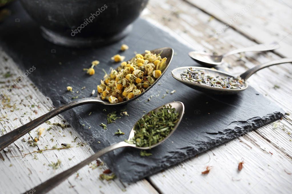 Herbal medicine Chamomile, lavender, horsetail, nettle, herbs in traditional medicine, home medicine cabinet