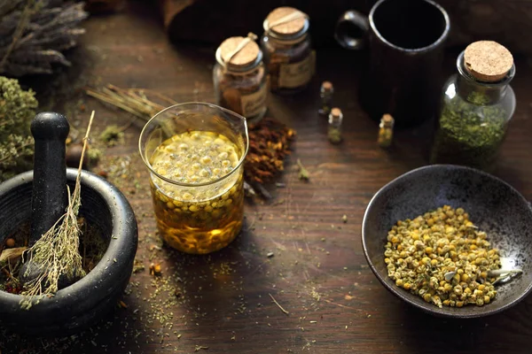 Kruidengeneeskunde kamille, lavendel, paardestaart, brandnetel, kruiden in de traditionele geneeskunde, Home geneeskunde kabinet — Stockfoto