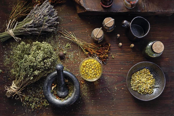Medicina herbal Camomila, lavanda, rabo de cavalo, urtiga, ervas na medicina tradicional, armário de medicina em casa — Fotografia de Stock