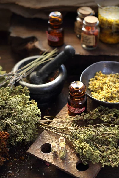 Pflanzliche Öle und natürliche Arzneimittel. pflanzliche Medizin und alternative Medizin. — Stockfoto