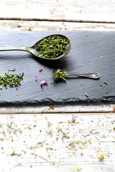 Dried herbs, aromatic healthy spices. Kitchen spices. — Stock Photo, Image