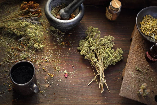 Medicina herbal y homeopatía. La mujer prepara hierbas medicinales naturales . — Foto de Stock