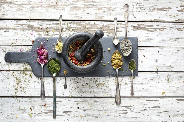 Dried flower petals, herbs, spices. Herbal, floral blend, health straight from nature. — Stock Image Dried flower petals, herbs, spices. Herbal, floral blend, health straight from nature. Stock Picture