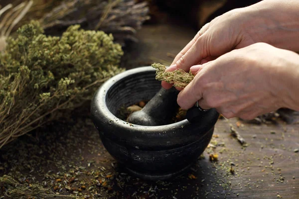 Mezcla de hierbas. La mujer prepara hierbas medicinales naturales . — Foto de Stock