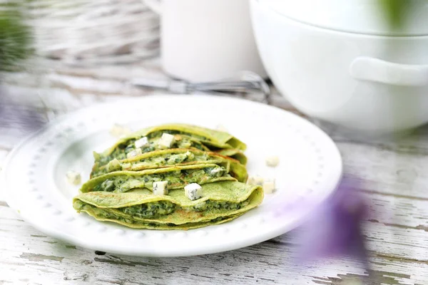 Green Pancakes Spinach Blue Cheese — Stock Photo, Image