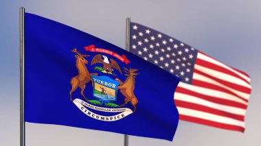 Michigan 3D bayrağı rüzgar sallayarak. 