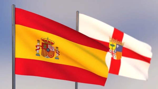 Bandera de Zaragoza 3D ondeando en viento . —  Fotos de Stock