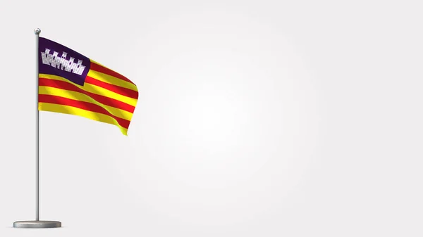 Illes Balears Ilustración de bandera ondeante 3D en asta de bandera . —  Fotos de Stock