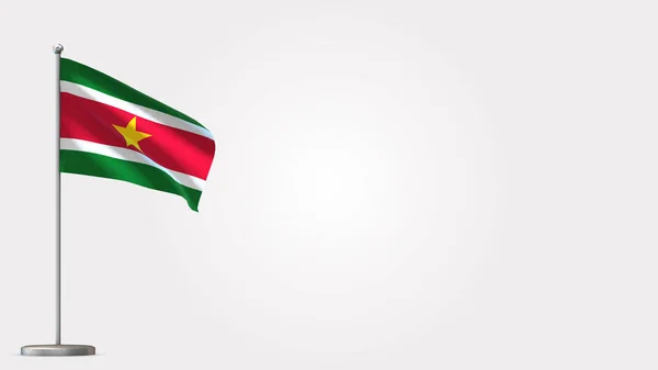 Suriname 3d розмахуючи ілюстрацією прапора на флагштоку. — стокове фото