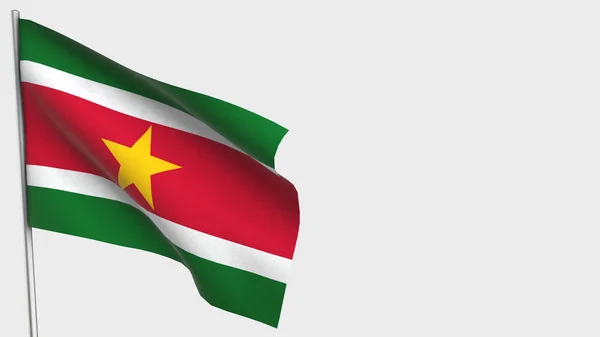 Suriname 3d розмахуючи ілюстрацією прапора на флагштоку. — стокове фото