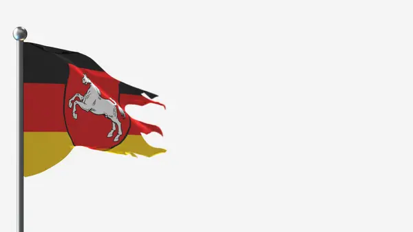 Dolna Saksonia 3d postrzępiona flaga na maszcie flagowym. — Zdjęcie stockowe