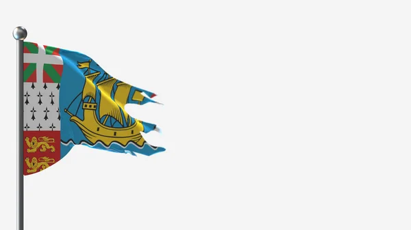 Сент-Пьер и Микелон трёхмерная порванная иллюстрация флага на флагштоке . — стоковое фото