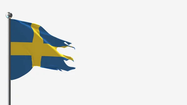 Sverige 3d splittrad viftande flagga illustration på flaggstång. — Stockfoto