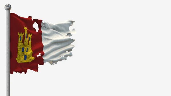 Castilla La Mancha 3d postrzępiona flaga na maszcie flagowym. — Zdjęcie stockowe