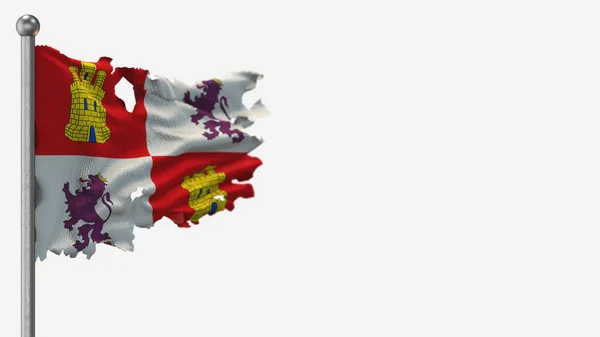 Kastilien Y Leon 3d splittrad viftande flagga illustration på flaggstången. — Stockfoto