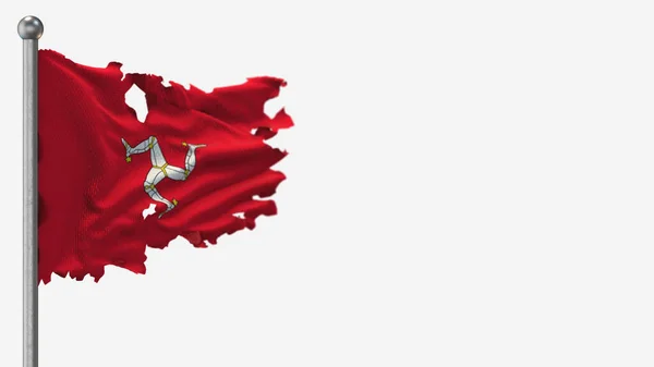 Isle Of Man Ilustración de bandera ondeante en 3D andrajosa en asta de bandera . — Foto de Stock