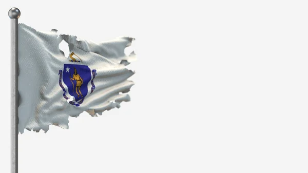 Massachusetts 3D despedaçado acenando ilustração bandeira em Flagpole . — Fotografia de Stock