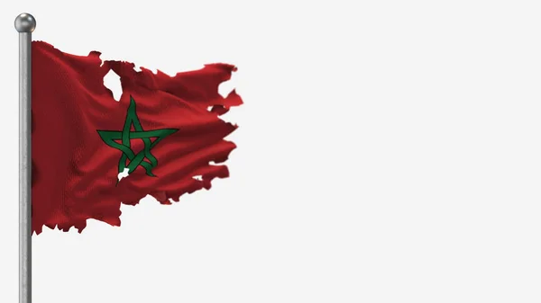 Marokko 3d gescheurd zwaaien vlag illustratie op vlaggenmast. — Stockfoto