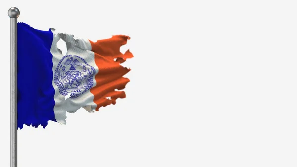 Ilustración de la bandera ondeante hecha jirones en 3D de la ciudad de Nueva York en Flagpole . — Foto de Stock