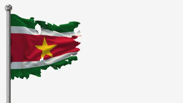 Suriname 3d gescheurd wapperen vlag illustratie op vlaggenmast. — Stockfoto