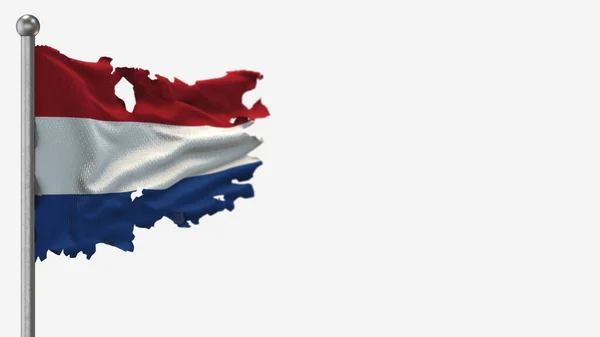 Ilustrasi bendera melambai 3D Belanda yang compang-camping pada tiang bendera . — Stok Foto