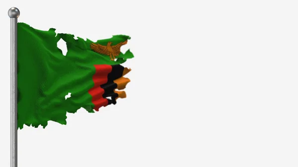 Zambia 3d postrzępiona flaga na maszcie flagowym. — Zdjęcie stockowe