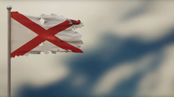 Alabama 3D tattered waving flag illustration on Flagpole. — Stock Photo, Image