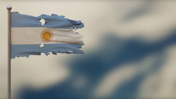 Argentina Ilustración de bandera ondeante hecha jirones 3D en asta de bandera . —  Fotos de Stock