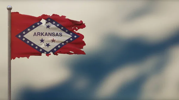 Arkansas 3D zerfledderte Flaggen schwenken Illustration auf Fahnenmast. — Stockfoto