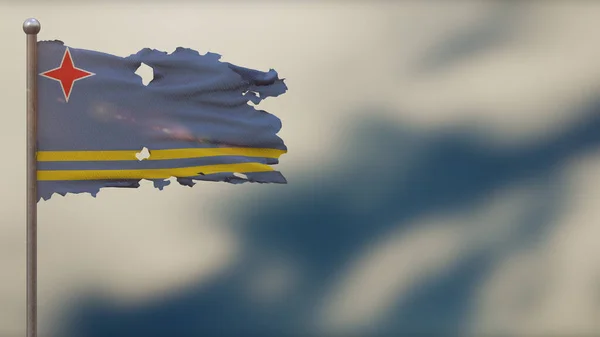 Aruba 3d zerfledderte Flaggen schwenkende Illustration auf Fahnenmast. — Stockfoto