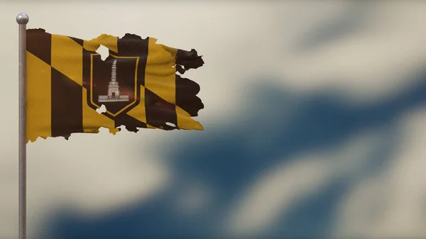 Baltimore City 3D tattered waving flag illustration on Flagpole.