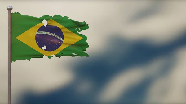 Brasil Ilustración de bandera ondeante en 3D andrajosa en asta de bandera . —  Fotos de Stock