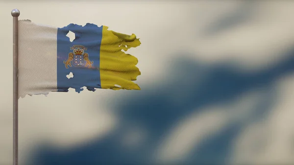 Kanarieöarna 3D splittrad viftande flagga illustration på flaggstången. — Stockfoto